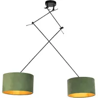 QAZQA - Landhaus I Vintage I Rustikal Hängelampe I Pendellampe I Pendelleuchte mit Samtschirmen grün mit Gold I Messing 35 cm - Blitz II schwarzI 2-flammig I Wohnzimmer I Schlafzimmer - Textil Zylinde