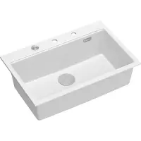 Quadron Spülbecken 1-Becken Spüle | Größe: 76 x 50 x 23,5 cm | MARC 110 | Granitspüle aus GraniteQ mit Siphon + Spender + Platte | Weiß/Stahl