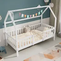 Flieks Hausbett Kinderbett 90x200cm, Holzbett mit Schornstein, Rausfallschutz und Lattenrost, ohne Matratze