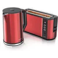 Arendo Frühstücksset, Wasserkocher mit Temperatureinstellung, Edelstahl, 2200W, 1,5L + Toaster 2 Scheiben, Langschlitztoaster 2 Scheiben, Langschlitz, 1000W, Rot
