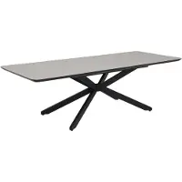 Hela Tische, Esstisch Kulissentisch Ancona, Nachbildung Cashmere Steinstruktur, Synchronauszug Butterfly, Metall-Sterngestell Schwarz, Schweizer Kante