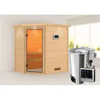 Karibu Sauna Innensauna Jella Eckeinstieg Ofen 3,6 kW -Ofen externe Strg. easy 224x159x191 cm mit Dachkranz