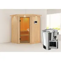 Karibu Sauna Innensauna Nanja Eckeinstieg Ofen 3,6 kW -Ofen externe Strg. easy 165x165x202 cm mit Dachkranz mit Bronzierter Tür