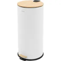 ML-Design Mülleimer 30L rund mit Fußpedal Weiß Stahl Treteimer mit leise schließendem Bambusdeckel Softclose Inneneimer Küchenmülleimer Tretmülleime