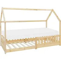 ML-Design Kinderbett 90x200 cm mit Matratze, Rausfallschutz, Dach und Lattenrost, Natur, Hausbett aus Kiefernholz Bodenbett Holzbett