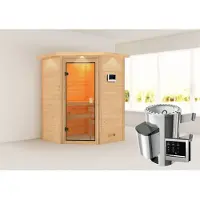 Karibu Sauna Innensauna Antonia Eckeinstieg Ofen 3,6 kW externe Strg.easy 173x159x191 cm mit Dachkranz