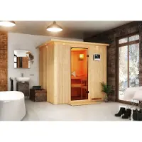 Karibu Sauna Innensauna Daria Fronteinstieg Ofen 3,6 kW -Ofen externe Strg. easy 210x184x202 cm mit Dachkranz mit Bronzierter Tür