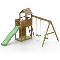 Fungoo , Spielturm "Boomer 3", teak, mit Rutsche, Doppelschaukel, Leiter, Griffe, Kletterwand und Holzdach