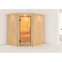 Karibu Sauna Innensauna Lilja Eckeinstieg ohne Zubehör 210x184x202 cm mit Dachkranz mit Klarglastür