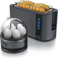 Arendo - SET Toaster FRUKOST mit Eierkocher SEVENCOOK Edelstahl Grau, Toaster 4 Scheiben, LED-Display, 6 Bräunungsgrade, Brötchenhalter - Eierkocher 1-7 Eier, Messbecher
