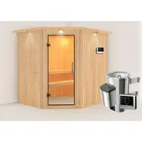 Karibu Sauna Innensauna Lilja Eckeinstieg Ofen 3,6 kW externe Strg.easy 210x184x202 cm mit Dachkranz mit Klarglastür