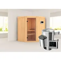 Karibu Sauna Innensauna Tonja Eckeinstieg Ofen 3,6 kW externe Strg.easy 170x151x198 cm ohne Dachkranz mit Klarglastür