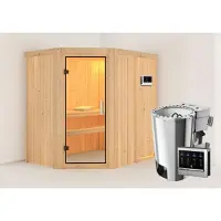 Karibu Sauna Innensauna Saja Eckeinstieg Ofen 3,6 kW -Ofen externe Strg. easy 196x151x198 cm ohne Dachkranz mit Klarglastür