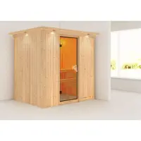 Karibu Sauna Innensauna Fanja Fronteinstieg ohne Zubehör 210x165x202 cm mit Dachkranz mit Bronzierter Tür