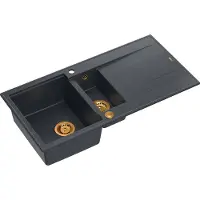 Quadron Spülbecken 1,5-Becken Spüle | Größe: 100 x 50 x 21/16 cm | EVAN 156 | Küchenspüle Granitspüle aus GraniteQ mit Siphon | Schwarz & Kupfer