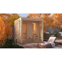 Karibu Saunahaus Außensauna Gartensauna Angkor 2 unbehandelt Ofen 9 kW externe Strg easy 38mm Massivholz 237x276x232 cm
