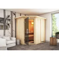 Karibu Sauna Innensauna Saja Eckeinstieg Ofen 3,6 kW externe Strg.easy 210x165x202 cm mit Dachkranz mit Graphittür