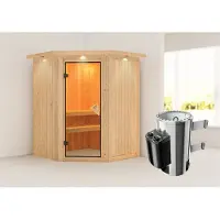 Karibu Sauna Innensauna Nanja Eckeinstieg Ofen 3,6 kW intgr. Strg 165x165x202 cm mit Dachkranz mit Bronzierter Tür