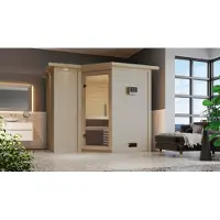 Karibu Sauna Innensauna Sahib 2 Eckeinstieg Ofen 9 kW integr. Strg 264x198x214 cm mit Dachkranz mit Klarglastür