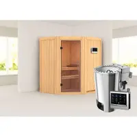 Karibu Sauna Innensauna Tonja Eckeinstieg Ofen 3,6 kW -Ofen externe Strg. easy 170x151x198 cm ohne Dachkranz mit Klarglastür