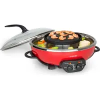 Klarstein Szechuan - Hot Pot und Grillplatte, Hot Pot Topf Volumen: 5 Liter, Hot Pot Grill 1350 Watt / 38 cm Ø, Grillplatte: 600 Watt / 22 cm Ø, Heizelement aus Aluminium, rot