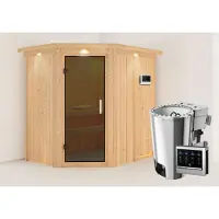 Karibu Sauna Innensauna Saja Eckeinstieg Ofen 3,6 kW -Ofen externe Strg. easy 210x165x202 cm mit Dachkranz mit Graphittür