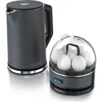 Arendo Frühstücks Set, Edelstahl Wasserkocher 1,5l mit Temperatureinstellung & Eierkocher für 7 Eier, Grau