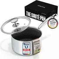 Morleos Stielkasserolle kratzfeste Antihaft-Waben-Keramikbeschichtung - 1,7 Liter, Ø 16x10 cm, 1,1 kg - mit modernem, flachem Glasdeckel - energiesparender kleiner Topf aus 5-Schichten - Induktion