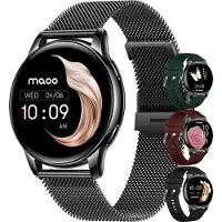 Maoo Ventura AMOLED Smartwatch Damen, RVS und 3x Silikonarmband, Schrittzähler, Herzfrequenzmesser, Schlafmonitor, Multisport, Android & iOS, Schwarz