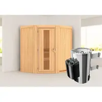 Karibu Sauna Innensauna Tonja Eckeinstieg Ofen 3,6 kW intgr. Strg 170x151x198 cm ohne Dachkranz mit Energiespartür