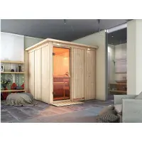 Karibu Sauna Innensauna Rodin Fronteinstieg Ofen 9 kW externe Strg easy 196x196x198 cm ohne Dachkranz mit Bronzierte Tür