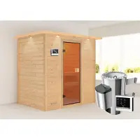 Karibu Sauna Innensauna Selena Fronteinstieg Ofen 3,6 kW externe Strg.easy 223x159x191 cm mit Dachkranz