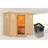 Karibu Sauna Innensauna Sahib 2 Eckeinstieg Ofen 9 kW integr. Strg 264x198x214 cm mit Dachkranz mit Bronzierter Tür
