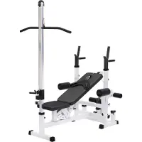 Gorilla Sports Kraftstation - Hantelbank mit verstellbare Hantelablage, Latzugturm, Butterfly, Beincurler, Weiss - Trainingsbank, Fitnessstation, Trainingsstation