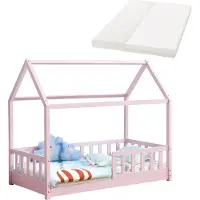 Juskys Kinderbett Marli 80 x 160 cm mit Matratze, Lattenrost & Dach - Holz Rosa