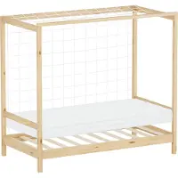 ML-Design Kinderbett Fußballtor 80x160 cm Einzelbett mit Matratze H:10cm Natur Holzbett mit Lattenrost & Netz Jugendbett aus Kiefernholz Handballtor