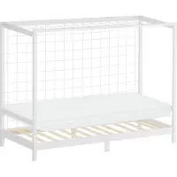 ML-Design Kinderbett Fußballtor 90x200 cm Einzelbett mit Matratze H:10cm Weiß Holzbett mit Lattenrost & Netz Jugendbett aus Kiefernholz Handballtor