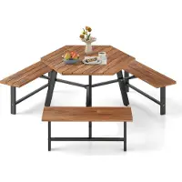 Costway Picknicktisch Set für 6 Personen, Gartentisch aus Akazienholz mit Schirmloch & 3 Bänken, Terrassenmöbel, Gartenmöbel, Sitzgruppe, Sitzgarnitur