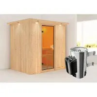 Karibu Sauna Innensauna Fanja Fronteinstieg Ofen 3,6 kW intgr. Strg 210x165x202 cm mit Dachkranz mit Bronzierter Tür