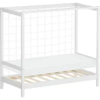 ML-Design Kinderbett Fußballtor 70x140 cm Einzelbett mit Matratze H:10cm Weiß Holzbett mit Lattenrost & Netz Jugendbett aus Kiefernholz Handballtor