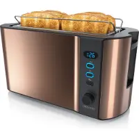Arendo Toaster 4 Scheiben, Langschlitztoaster, Langschlitz, Edelstahl, 1500W, Display mit Restzeitanzeige, Brötchenaufsatz, Defrost Funktion, Wärmeisolierendes Gehäuse, Kupfer