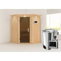 Karibu Sauna Innensauna Nanja Eckeinstieg Ofen 3,6 kW -Ofen externe Strg. easy 165x165x202 cm mit Dachkranz mit Graphittür