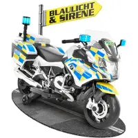 HECHT Kinder Motorrad | BMW R1200RT Polizei | bis 6km/h | 35W | mit Stützräder | Koffer | Radio | Blaulicht | Sirene
