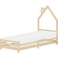 ML-Design Kinderbett Haus 90x200 cm Natur mit Matratze H:10cm, Hausbett für Kinder, Holzbett mit Lattenrost, Schornstein Design, massivem Kiefernholz