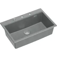 Quadron Spülbecken 1-Becken Spüle | Größe: 76 x 50 x 23,5 cm | MARC 110 | Granitspüle aus GraniteQ mit Siphon + Spender + Platte | Grau/Stahl