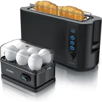 Arendo - SET Toaster FRUKOST mit Eierkocher SIXCOOK Edelstahl Schwarz, Toaster 2 Scheiben, LED-Display, 6 Bräunungsgrade, Brötchenhalter - Eierkocher 1-6 Eier, Messbecher
