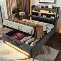 STILVORA Jugendbett 90x200 Polsterbett mit Matratze,Bettgestell mit Stauraum Kopfteil/Bettkasten,Stauraumbett mit USB und Typ C-Port & LED-Beleuchtung,Grau