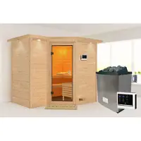 Karibu Sauna Innensauna Sahib 2 Eckeinstieg Ofen 9 KW externe Strg easy 264x198x214 cm mit Dachkranz mit Bronzierter Tür
