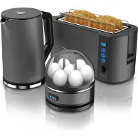 Arendo Frühstücks Set, Wasserkocher 1,5l Temperaturwahl, 4 Scheiben Toaster & Eierkocher für 7 Eier, Grau