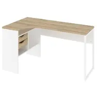 Dmora Plus Eckschreibtisch mit 3 Ablagen und 2 Schubladen, weiss und Eichenstruktur.